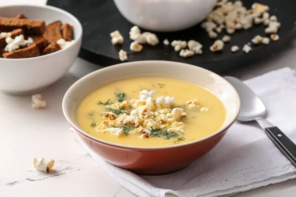 Bowl Tasty Popcorn Soup Table — Stock Photo, Image