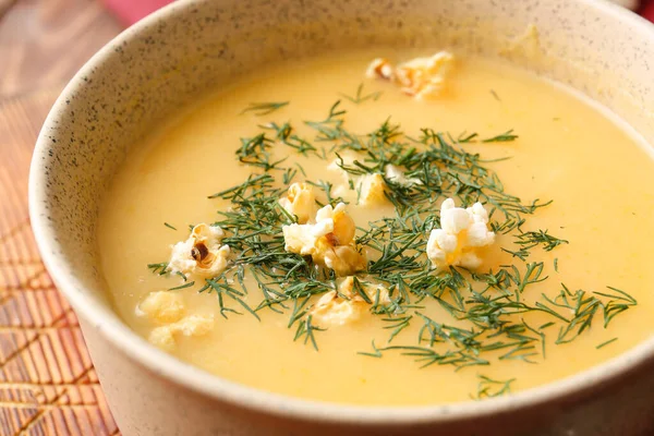 Pot Tasty Popcorn Soup Table Closeup — Stock Photo, Image