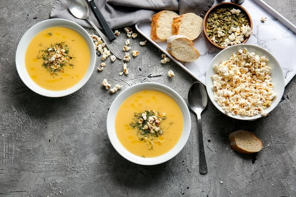 Bowls Tasty Popcorn Soup Grey Background — Stock Photo, Image