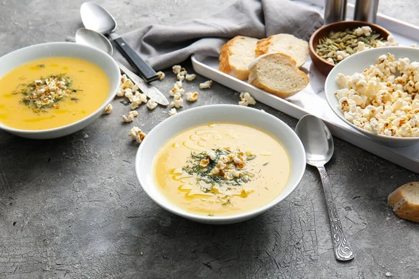 Bowls Tasty Popcorn Soup Grey Background — Stock Photo, Image