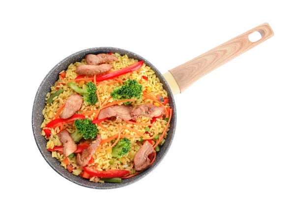 Frying Pan Tasty Rice White Background — Stock Photo, Image