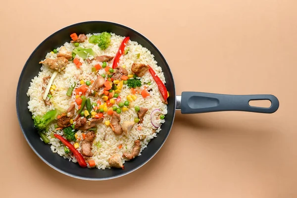 Frying Pan Tasty Rice Color Background — Stock Photo, Image