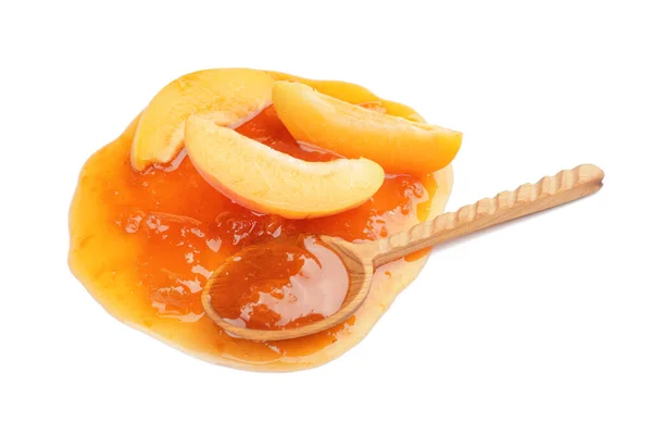 Spoon Tasty Apricot Jam White Background — Stock Photo, Image