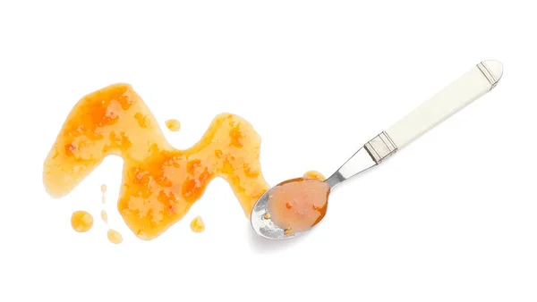 Spoon Tasty Apricot Jam White Background — Stock Photo, Image