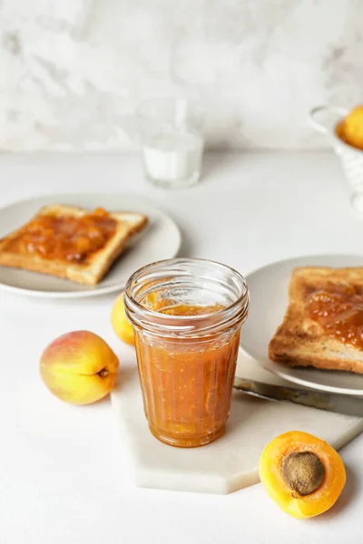 Jar Tasty Apricot Jam Toasted Bread Table — Stock Photo, Image