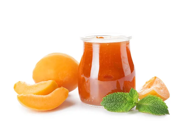 Jar Tasty Apricot Jam White Background — Stock Photo, Image