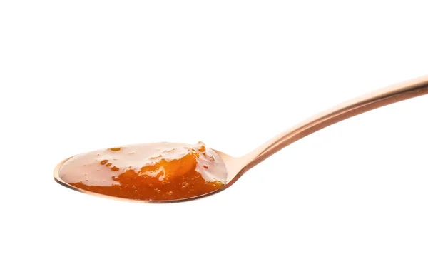 Cucchiaio Con Gustosa Marmellata Albicocche Sfondo Bianco — Foto Stock