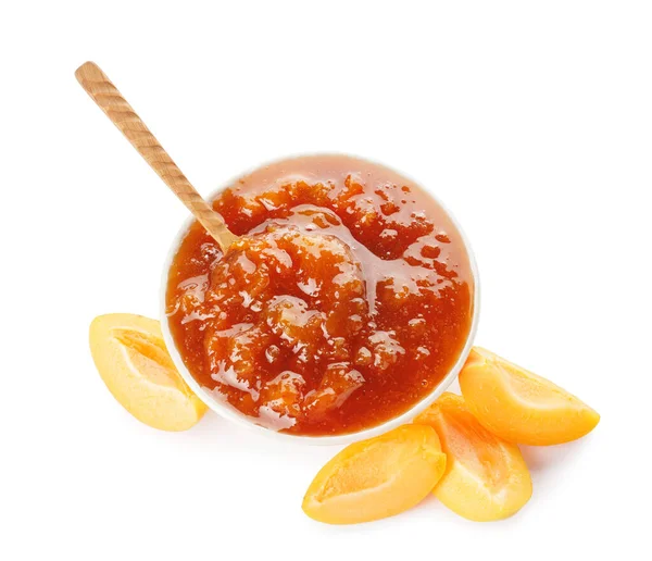 Bowl Tasty Apricot Jam White Background — Stock Photo, Image