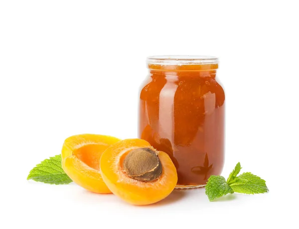 Jar Tasty Apricot Jam White Background — Stock Photo, Image