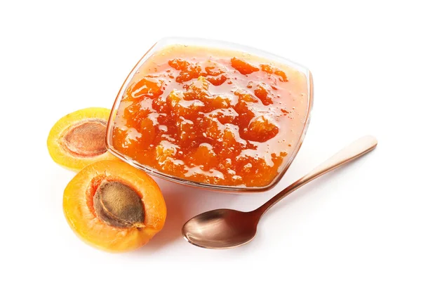 Bowl Tasty Apricot Jam White Background — Stock Photo, Image