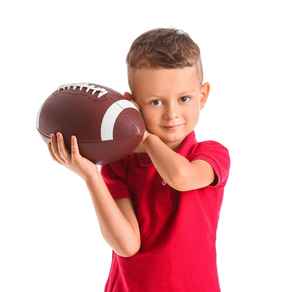 Niño Pequeño Con Pelota Rugby Sobre Fondo Blanco — Foto de Stock