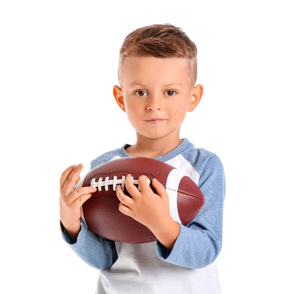 Kleiner Junge Mit Rugby Ball Auf Weißem Hintergrund — Stockfoto