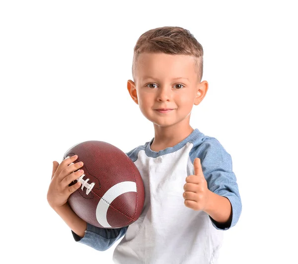 Little Boy Rugby Ball Showing Thumb White Background — Stock Photo, Image