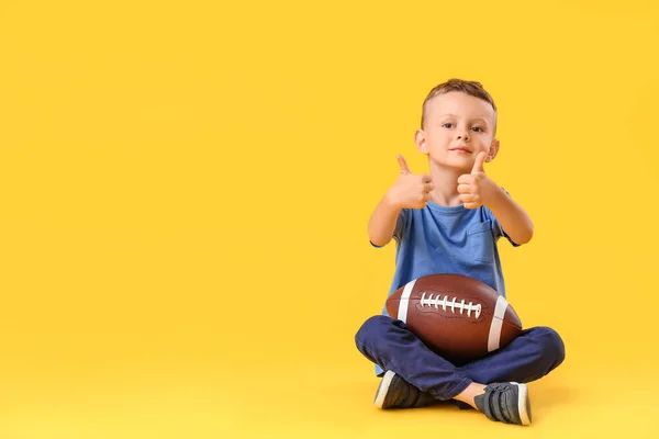 Little Boy Rugby Ball Showing Thumb Color Background — Stock Photo, Image
