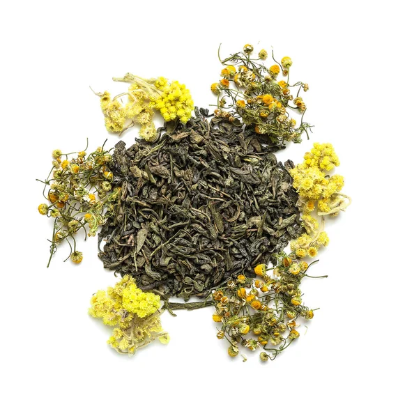 Dry Tea Leaves Flowers White Background — Stock Photo, Image