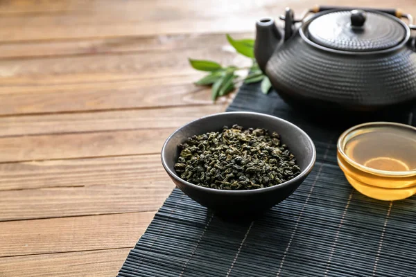 Bowl Dry Tea Leaves Teapot Honey Table — Stock Photo, Image