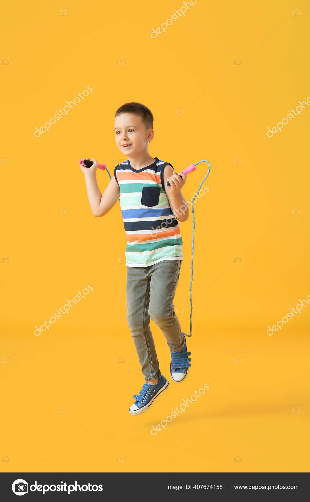 Cute Little Boy Jumping Rope Color Background — Stock Photo © serezniy ...