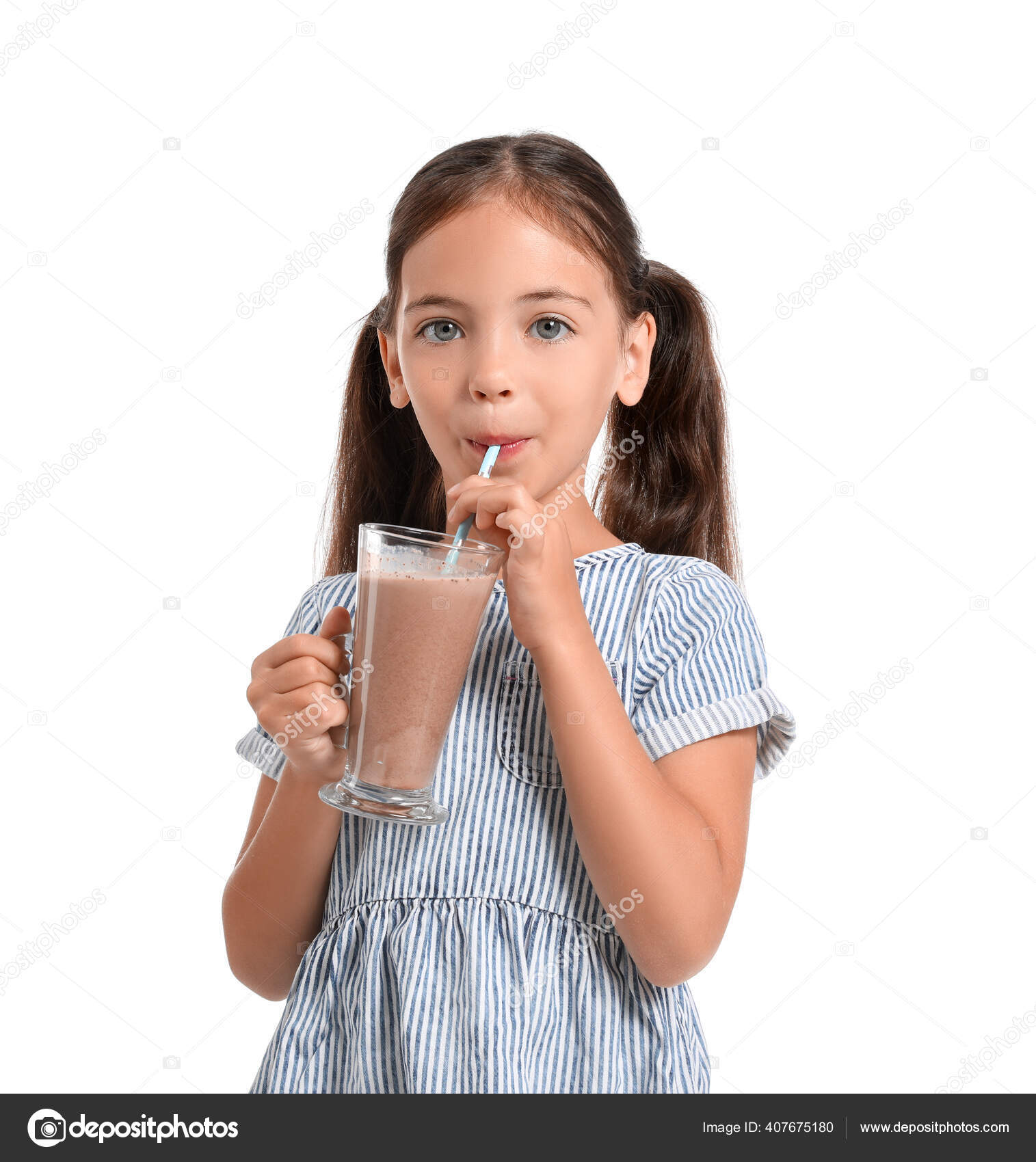 Little Girl Drinking Chocolate Milk White Background Stock Photo by