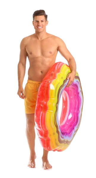 Young Man Inflatable Ring White Background — Stock Photo, Image