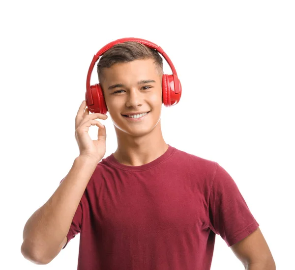 Teenage Boy Listening Music White Background — Stock Photo, Image