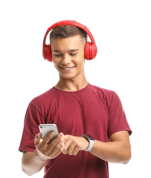 Εφηβικό Αγόρι Που Ακούει Μουσική Λευκό Φόντο — Φωτογραφία Αρχείου