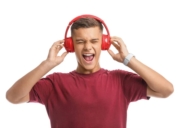 Adolescente Ouvindo Música Fundo Branco — Fotografia de Stock