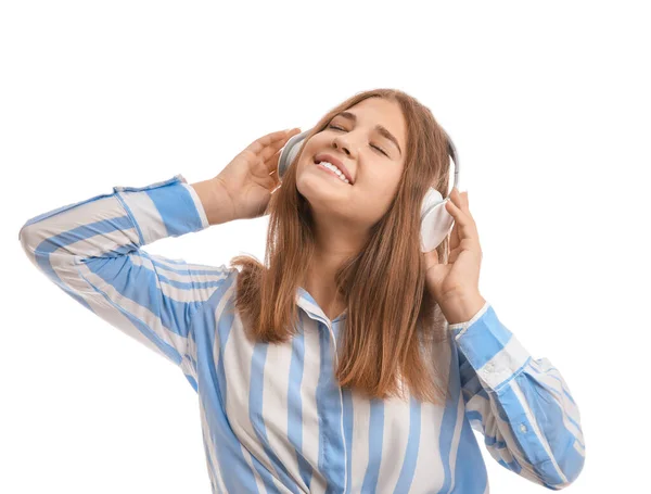 Menina Adolescente Ouvindo Música Fundo Branco — Fotografia de Stock