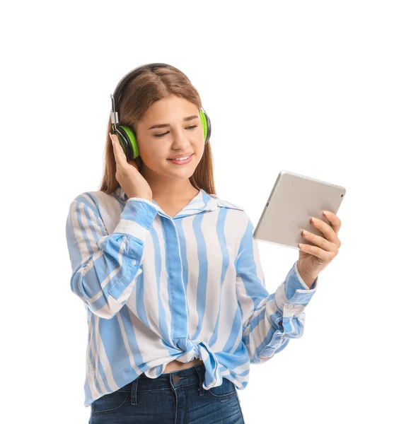 Teenage Κορίτσι Ακούγοντας Μουσική Λευκό Φόντο — Φωτογραφία Αρχείου