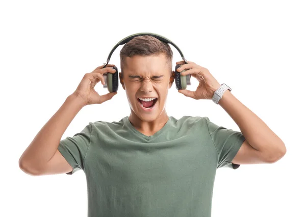 Συναισθηματικό Έφηβο Αγόρι Που Ακούει Μουσική Λευκό Φόντο — Φωτογραφία Αρχείου