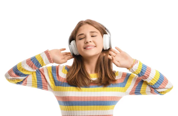 Teenage Girl Listening Music White Background — Stock Photo, Image