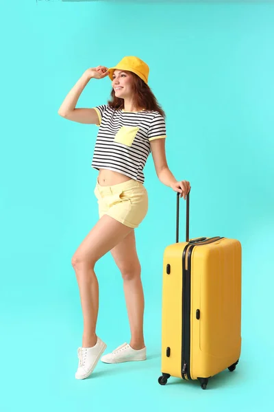 Female Tourist Luggage Color Background — Stock Photo, Image
