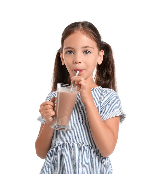 Little Girl Drinking Chocolate Milk White Background — Stock Photo, Image