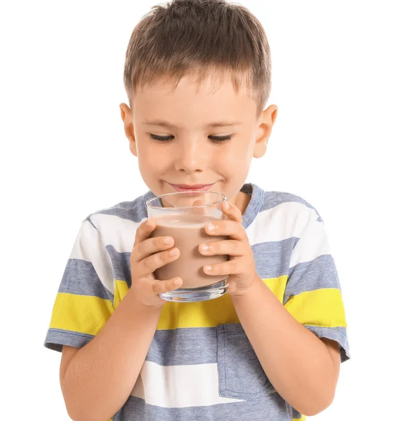 Niño Con Sabrosa Leche Chocolate Sobre Fondo Blanco — Foto de Stock