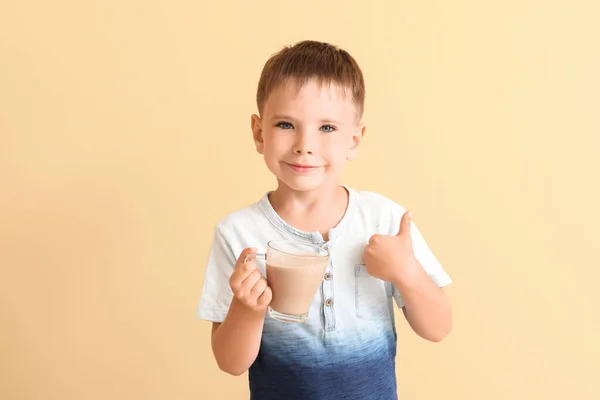 Little Boy Tasty Chocolate Milk Color Background — Stock Photo, Image