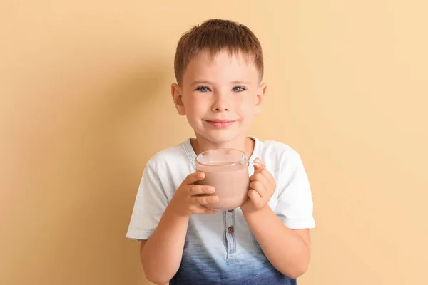 Little Boy Tasty Chocolate Milk Color Background — Stock Photo, Image