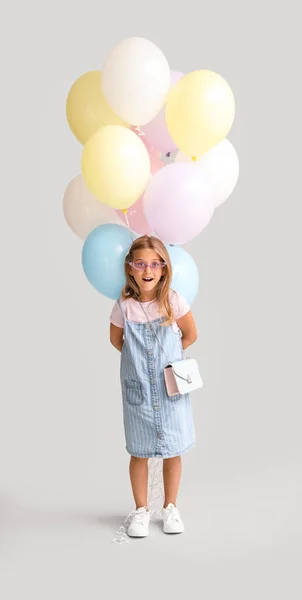 Surprised Little Girl Balloons Grey Background — Stock Photo, Image