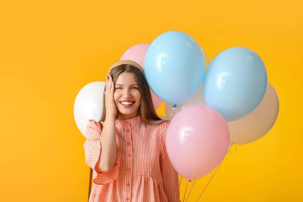 Young Woman Balloons Color Background — Stock Photo, Image