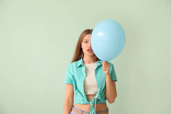 Surprised Young Woman Balloon Color Background — Stock Photo, Image