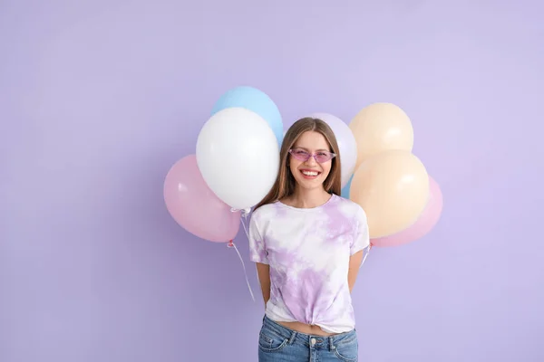 Young Woman Balloons Color Background — Stock Photo, Image
