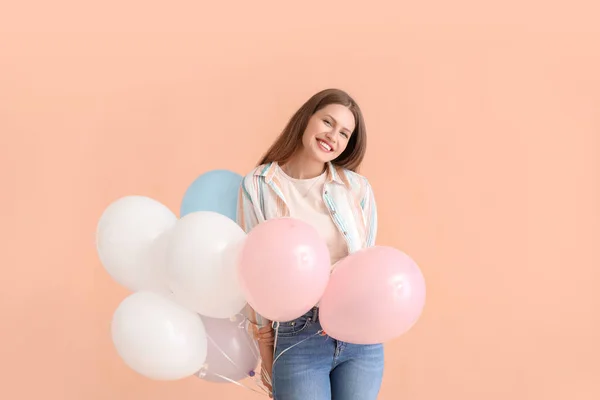 Young Woman Balloons Color Background — Stock Photo, Image