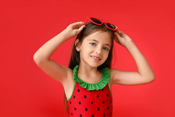 Little Girl Swimsuit Color Background — Stock Photo, Image