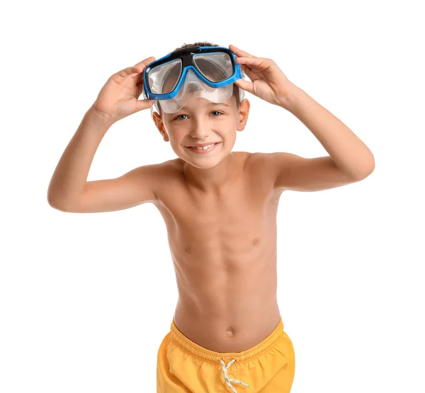 Beyaz Arka Planda Şnorkel Maskesi Olan Küçük Bir Çocuk — Stok fotoğraf