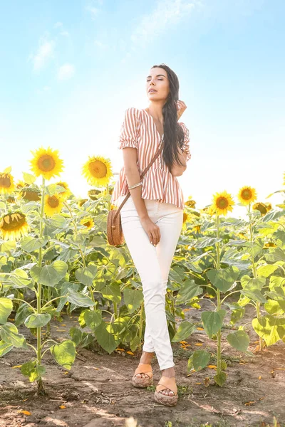 Beautiful Young Woman Sunflower Field — Stock Photo, Image