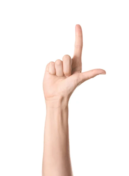 Mão Mostrando Letra Fundo Branco Alfabeto Língua Sinais — Fotografia de Stock