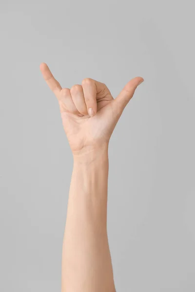 Hand Showing Letter Grey Background Sign Language Alphabet — Stock Photo, Image