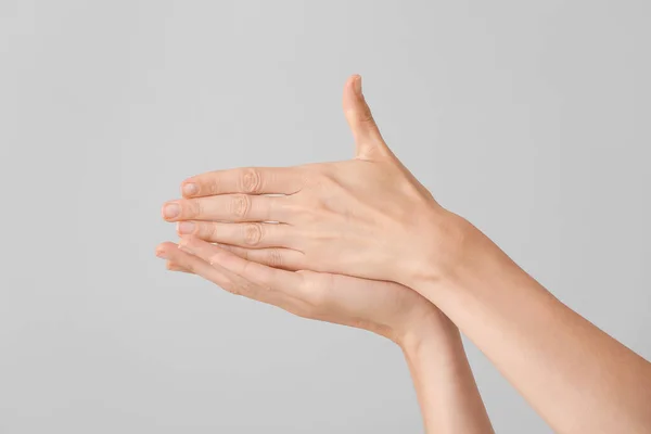 Young Deaf Mute Woman Showing Sign Stop Grey Background — Stock Photo, Image