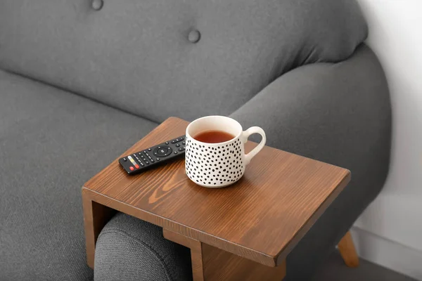 Cup Tea Remote Control Armrest Table Room — Stock Photo, Image
