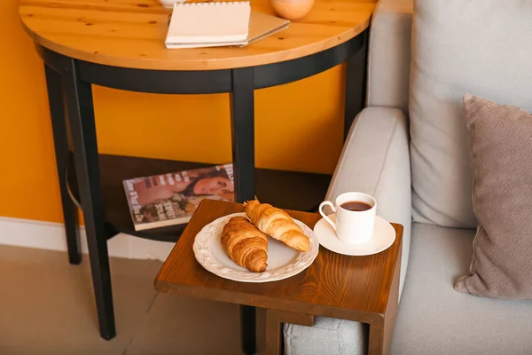 Cup Tea Croissants Armrest Table Room — Stock Photo, Image