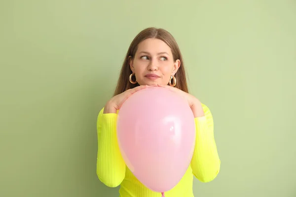 Young Woman Balloon Color Background — Stock Photo, Image