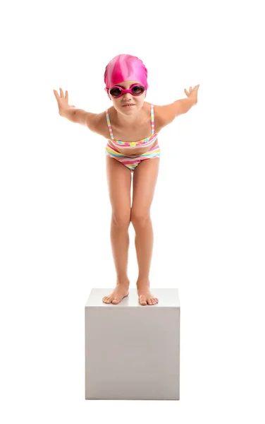 Little Girl Start Position Swimming Block White Background — Stock Photo, Image